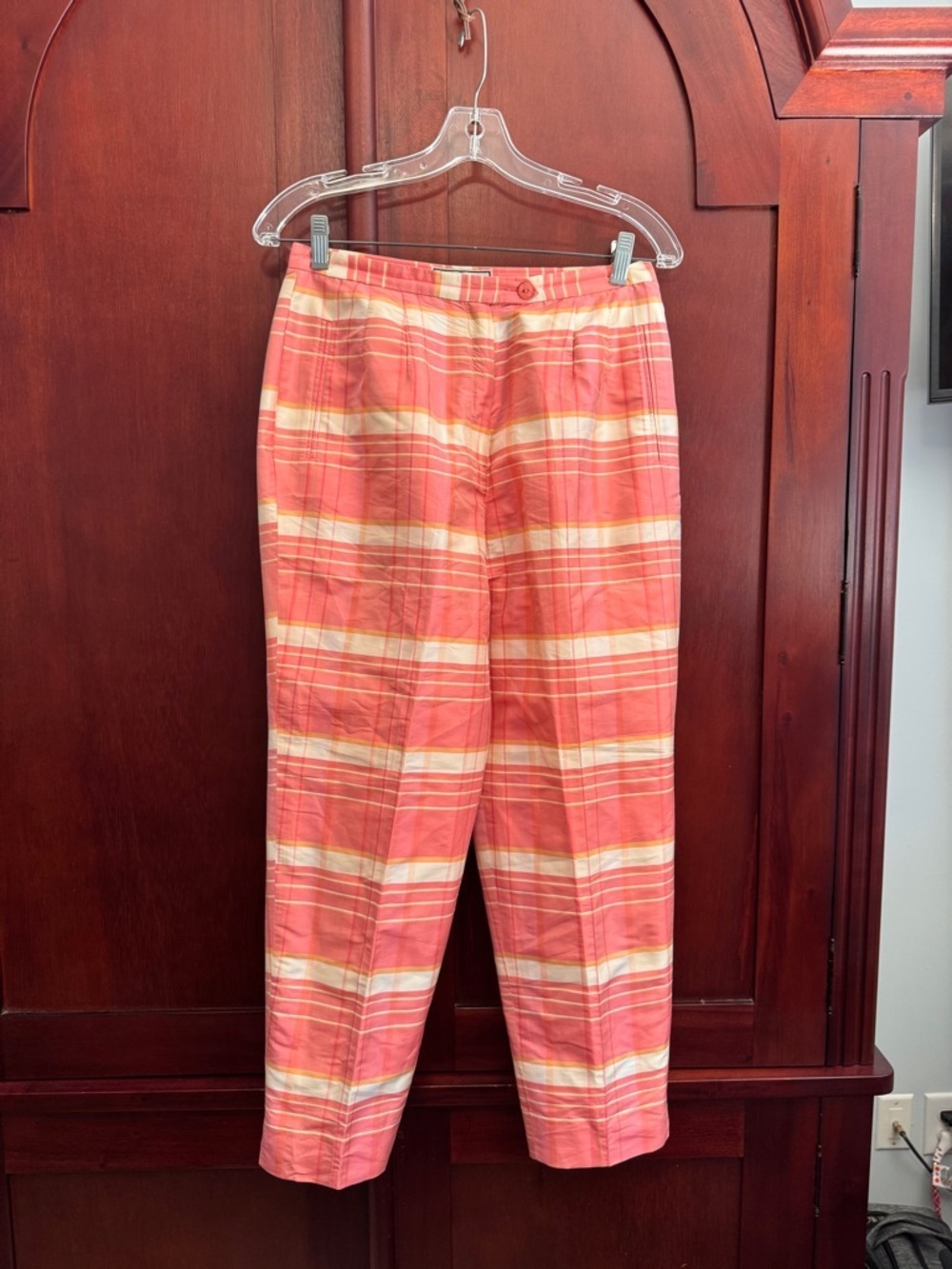 Travis Ayers 100% silk Coral Plaid Chinos Size 10 Petite